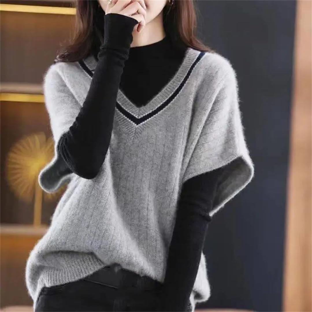 Women's V-Neck Shoulder Sweater Basic Sweater Vest Loose Vest Knitted Jumper Tops
