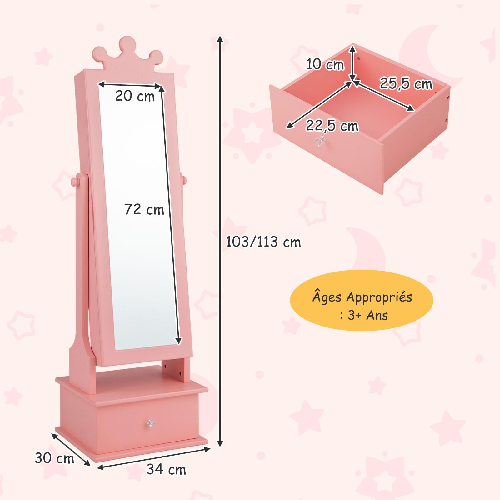 GOPLUS - Armario de joyería infantil con espejo de longitud completa, organizador de joyas con 3 cajones y 4 estantes de almacenamiento, 13 ganchos y 18 ranuras para pendientes, rosa (Pink)