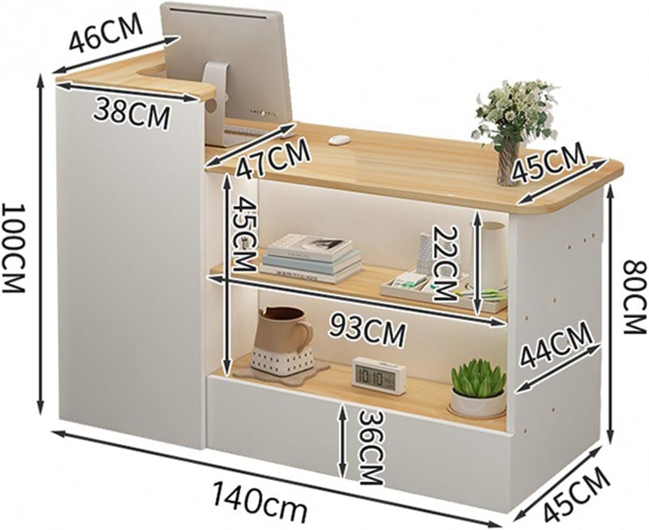Modern Retail Reception Desk Front Counter Desk Transaction Counter with Display Shelf & Drawers, L-shap Checkout Counter Wooden Welcome Desk Computer Desk ,for Lobby, Store, Office, Beauty Salon