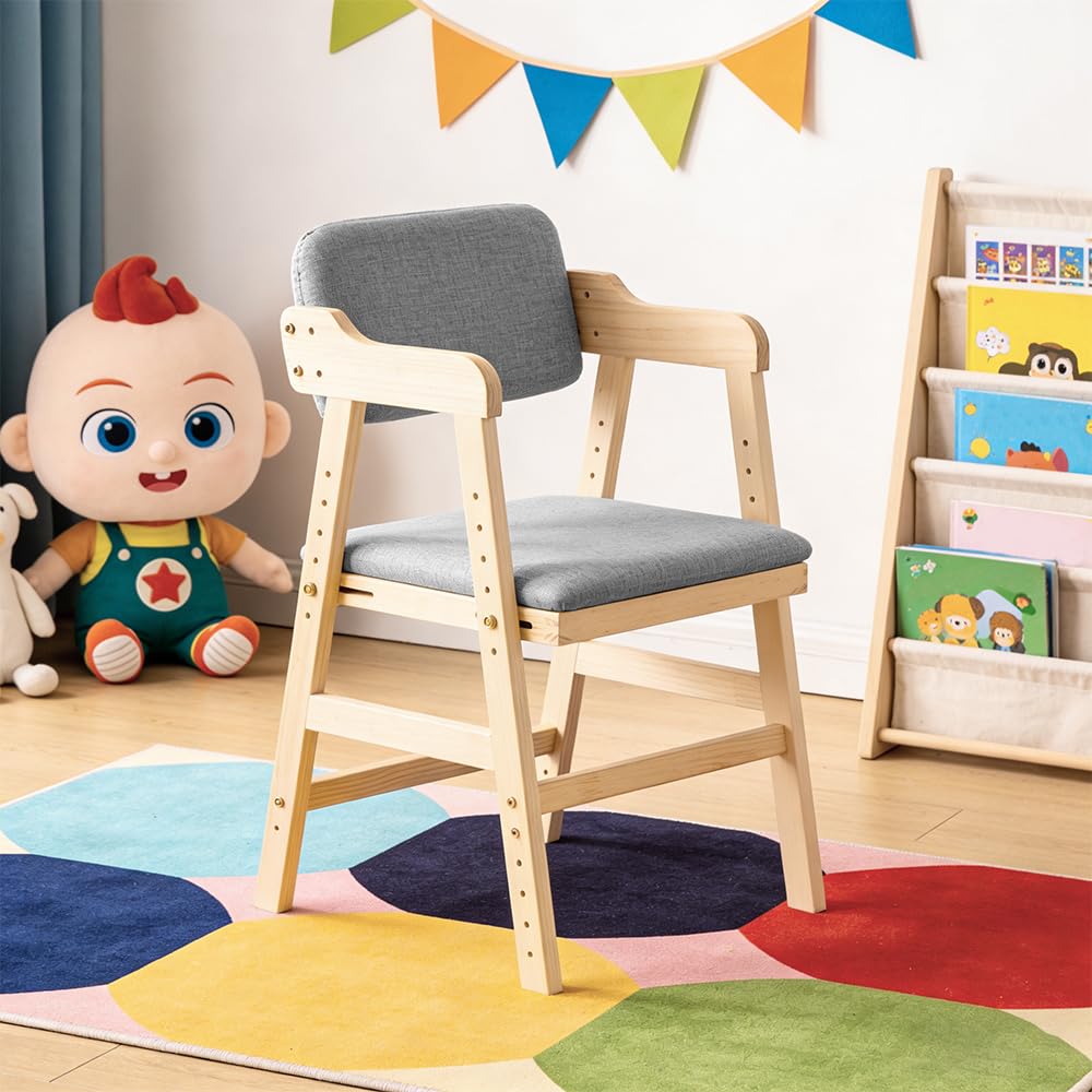Hochstuhl aus Holz, verstellbar, Lehrstuhl,kinderstuhl,hochstühle,bis 90 kg für Kinder und Erwachsener aus hochwertigem Buchenholz, 1-12 Jahre,48 x 46 x 78 cm – Grau