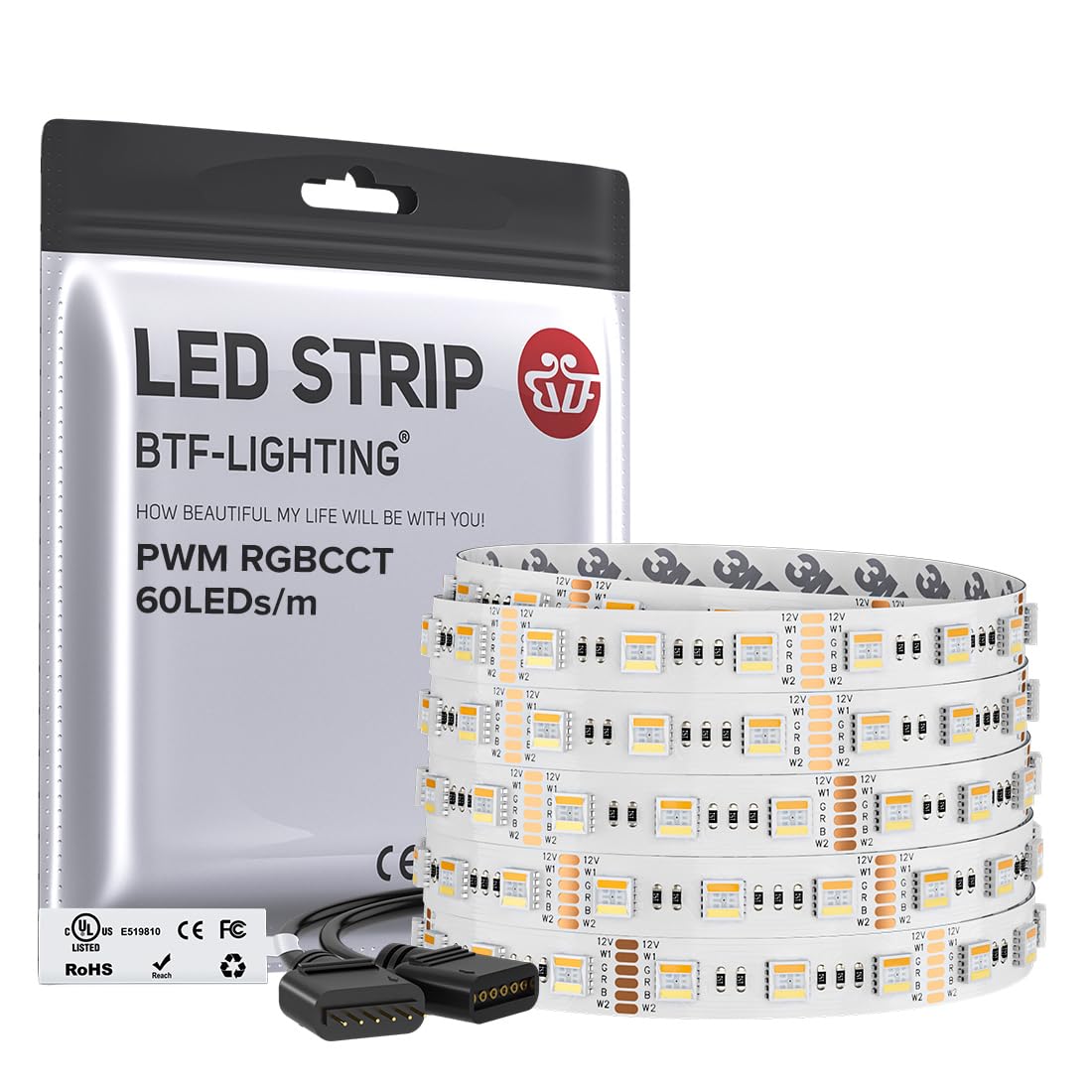 BTF-LIGHTING RGBCCT 5 Colors in 1 LED 5050SMD RGBWW RGB+Dimmable Tunable Color Temperature 2700K-6500K UL Listed 16.4ft 60LED/m 300LED DC12V Multi-Colored Tape Lights IP30(No Adapter or Controller) White PCB-DC12V 60LEDs/m-IP30