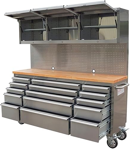 Caja de herramientas de 15 cajones de 72 pulgadas con gabinete de 3 y tablero de clavijas en acero inoxidable (acero inoxidable)