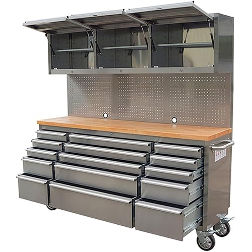 72 inch 15 Drawers Tool Chest with 3 Up Cabinet & Pegboard in Stainless Steel (Stainless Steel)