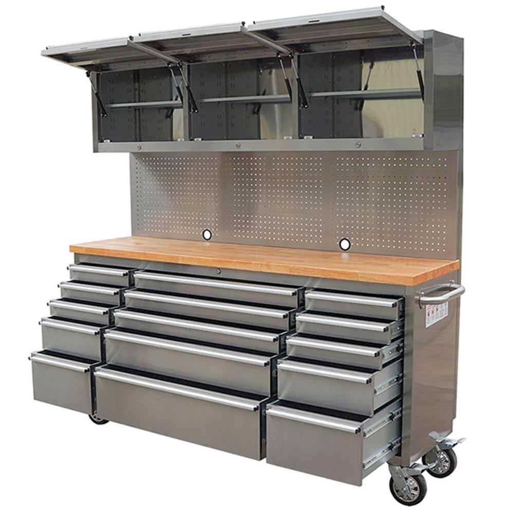 AnorTrek 72 inch 15 Drawers Tool Chest with 3 Up Cabinet & Pegboard in Stainless Steel (Stainless Steel)