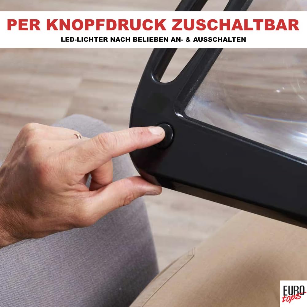 EUROtops Lupa LED maxi con soporte, aumento de 3 veces, campo de visión XXL, ayuda de lectura flexible con iluminación LED, altura ajustable hasta 160 cm, ideal para lectura y manualidades