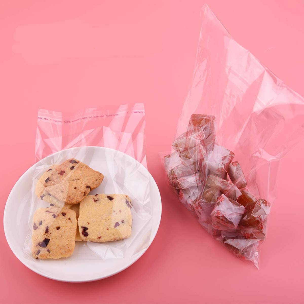 120 sacchetti trasparenti in cellophane richiudibili, ideali per panetteria, candele, sapone, sacchetti per biscotti, 180 mm x 70 mm + 120 adesivi rotondi di sicurezza