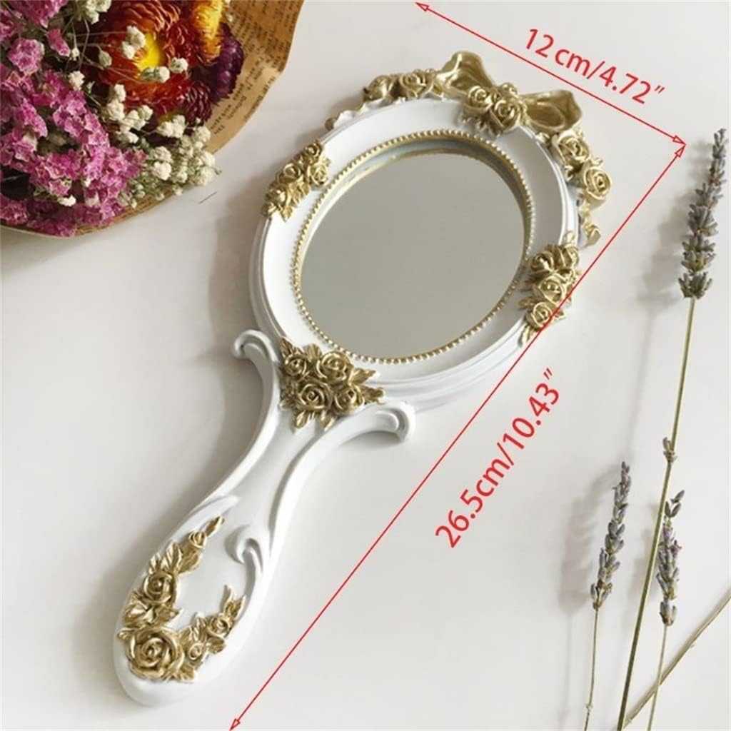 KANDUO Handheld Mirror Vanity Makeup Mirror Travel Princess Metal Cosmetic Mirror Portable Oval Embossed Rose Mirrors(White)
