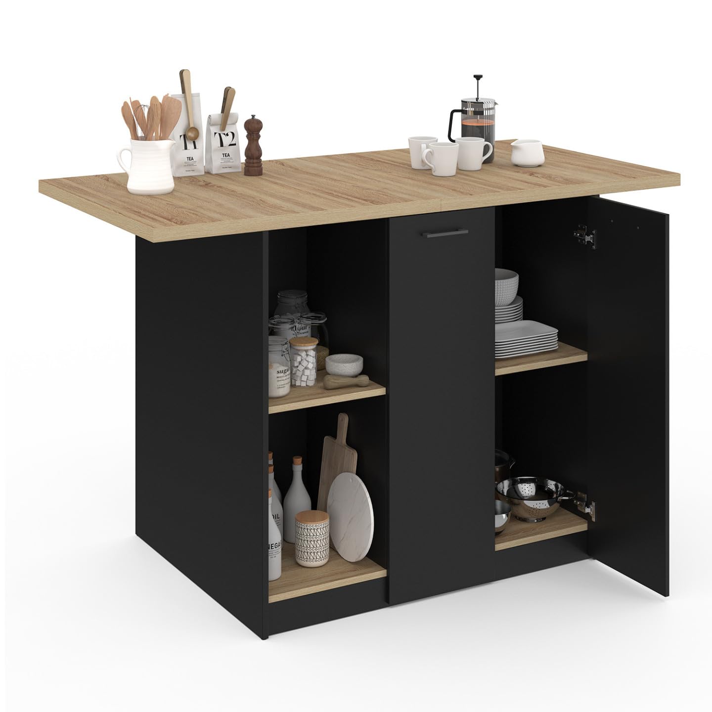 IDMarket - Ilot central BAO 140 cm 4 personnes bois noir avec plan de travail façon hêtre