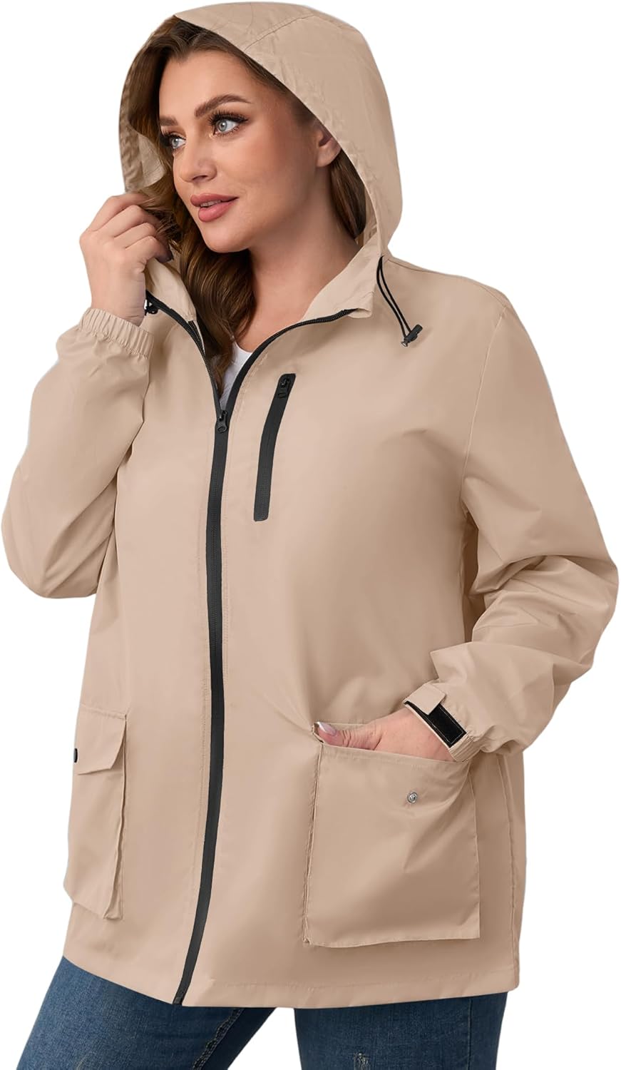 Avoogue Plus Size Womens Rain Jacket with Hood,Packable,Lightweight,Windbreaker,Waterproof Thin Jackets,Hiking,Travel - Image 2