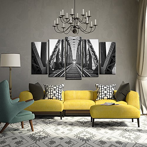 Kreative Arts - 5 Piece Wall Art Decor Black And White Train Tracks Modern Painting Hd Picture Canvas Giclee Print Artwork Wall Murals For Living Room Office Decor (Large Size 60X32Inch) #TOP1