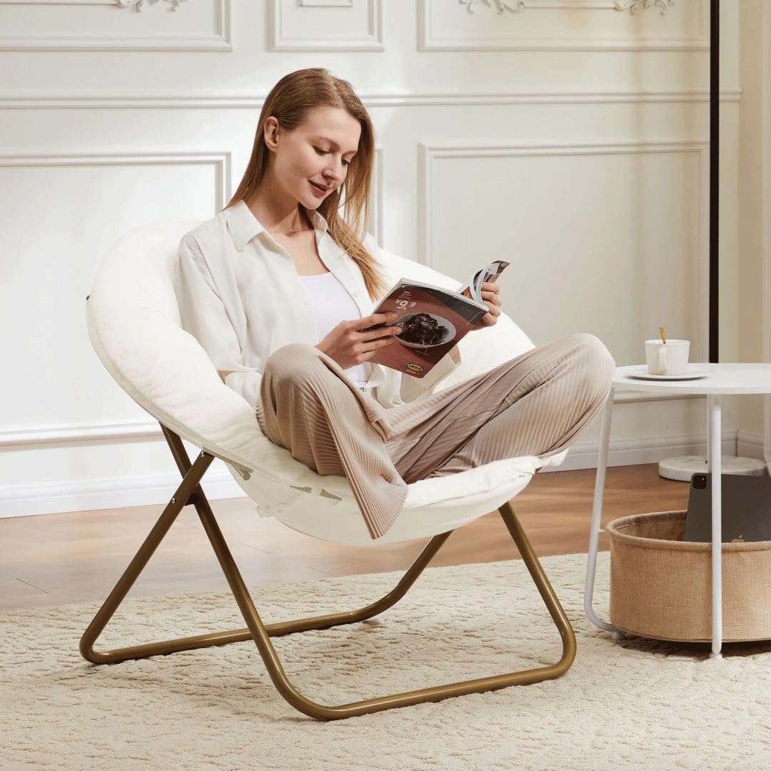 Comfortable Cozy Faux Fur Disc Chair Foldable Feature for Bedroom, Living Room and Dorm, Adult-Sized Relaxation, White