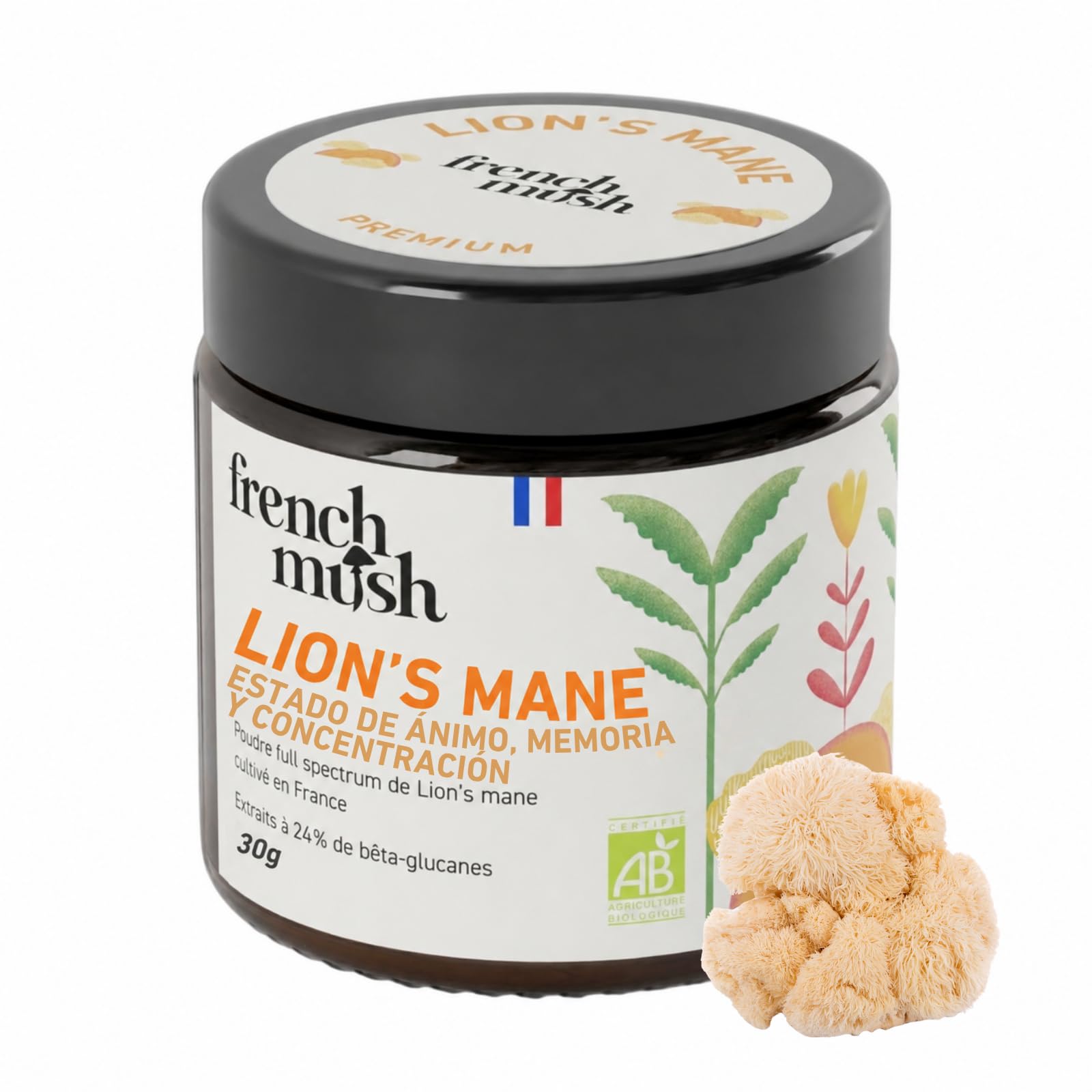 French Mush Polvo Full Spectrum de Lion's Mane cultivado en Europa. Extractos de beta-glucanos 24,4% | (30g)