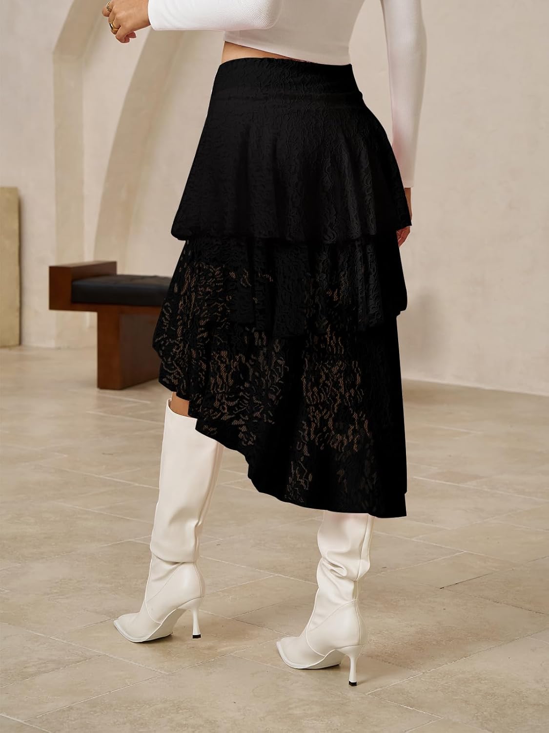 Yousify Womens Lace Midi Skirts High Waist Y2K Asymmetrical Layered Flowy Fairy Skirts Floral Beach Long Skirt - Image 4