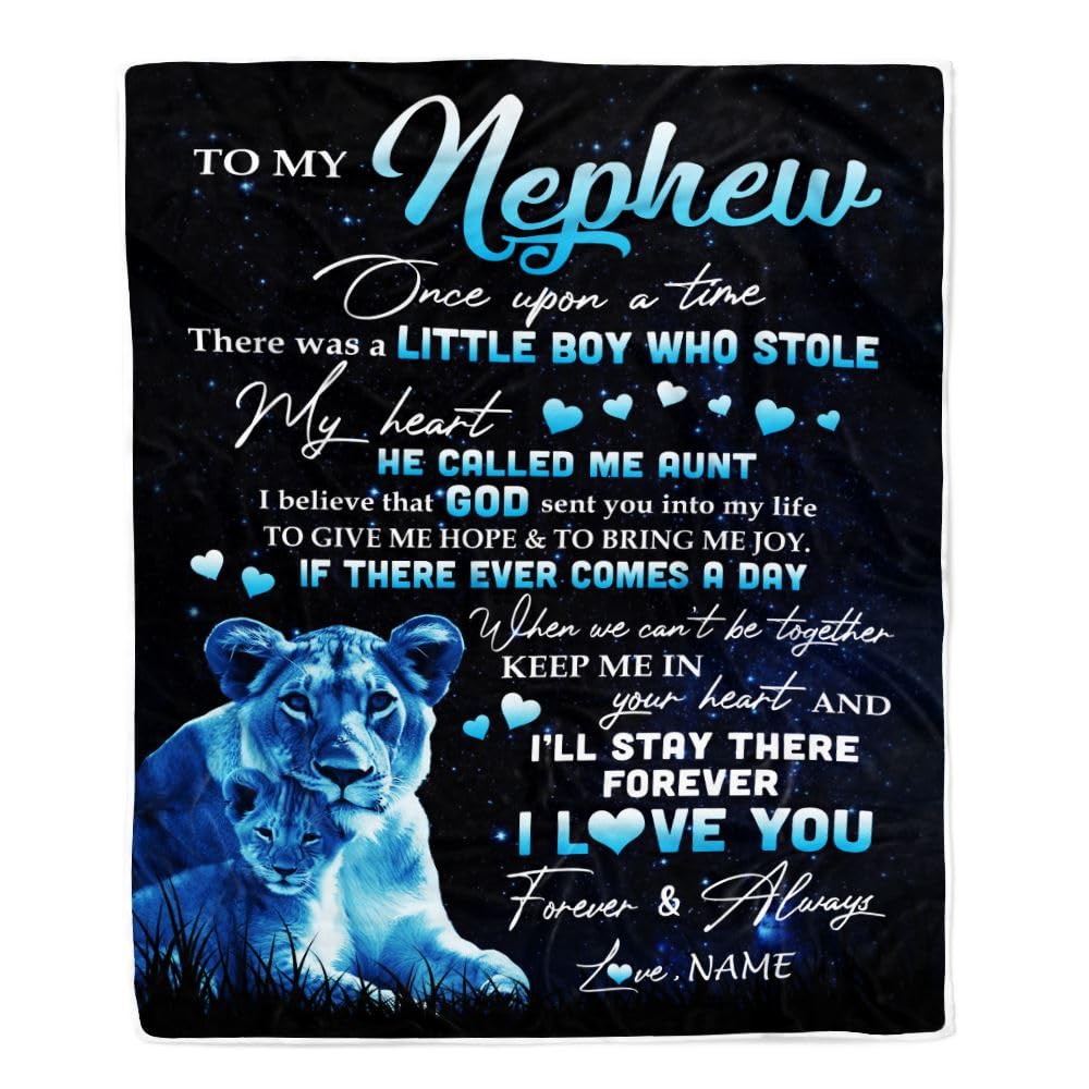 TeesNow Personalized to My Nephew Lion Blanket from Aunt Auntie I'll Stay There Forever Nephew Birthday Graduation Christmas Customized Bed Quilt Fleece Blanket (50 x 60 in Youth Size)