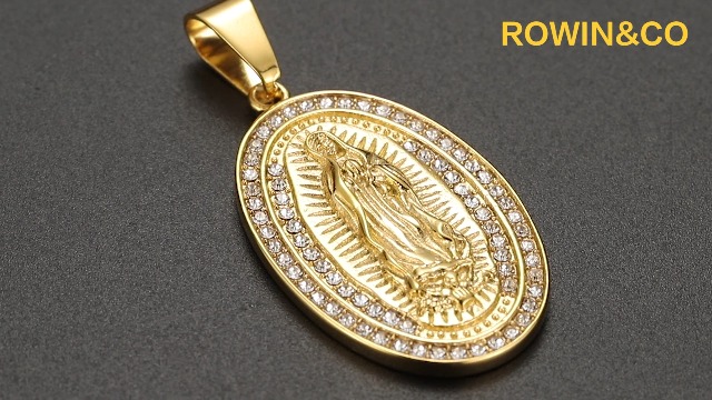 18k Gold Filled Virgin Mary Pendant Necklace - 24" Chain, Zircon Stones, Made In France