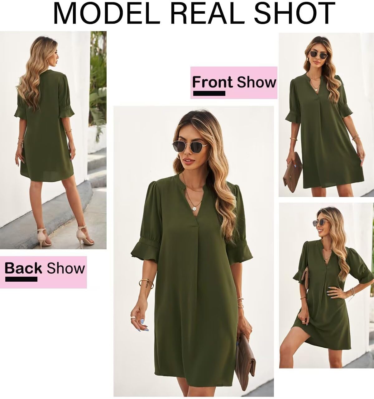 Wkior Shift Dress for Women V Neck Short Sleeves Solid Color Casual Flowy Summer Dresses(S-2XL) - Image 5