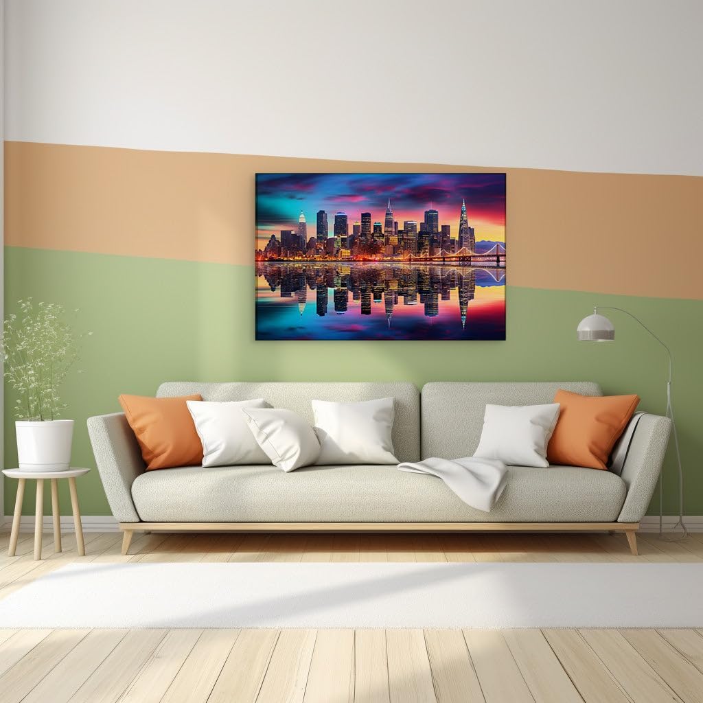 Canvas for Living room. Enchanting Nightscape: New York City's Illuminated Skyline and the Serene Hudson River, 27 x 18 inch Canvas Wall Art - Ready to Hang