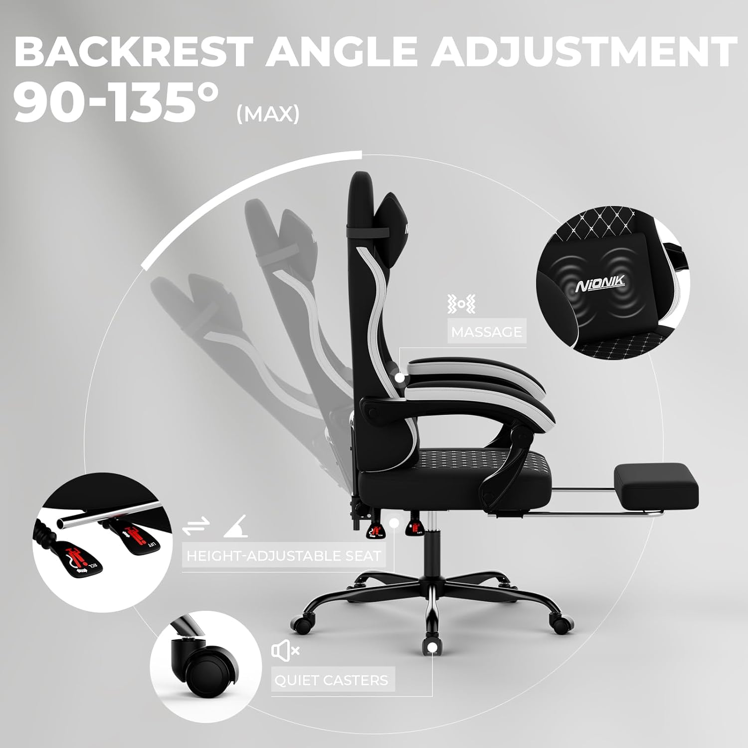 Gaming Chair with Massage,Ergonomic PC Gaming Chair Computer Chairs with Footrest Comfortable Headrest and Lumbar Support, High Back Blackwhite