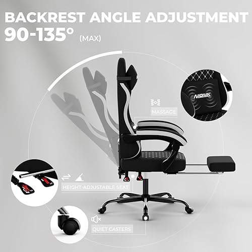 Miniatura 4 de Silla de juegos con masaje, silla ergonómica para juegos de PC, sillas de computadora con reposapiés, cómodo reposacabezas y soporte lumbar,