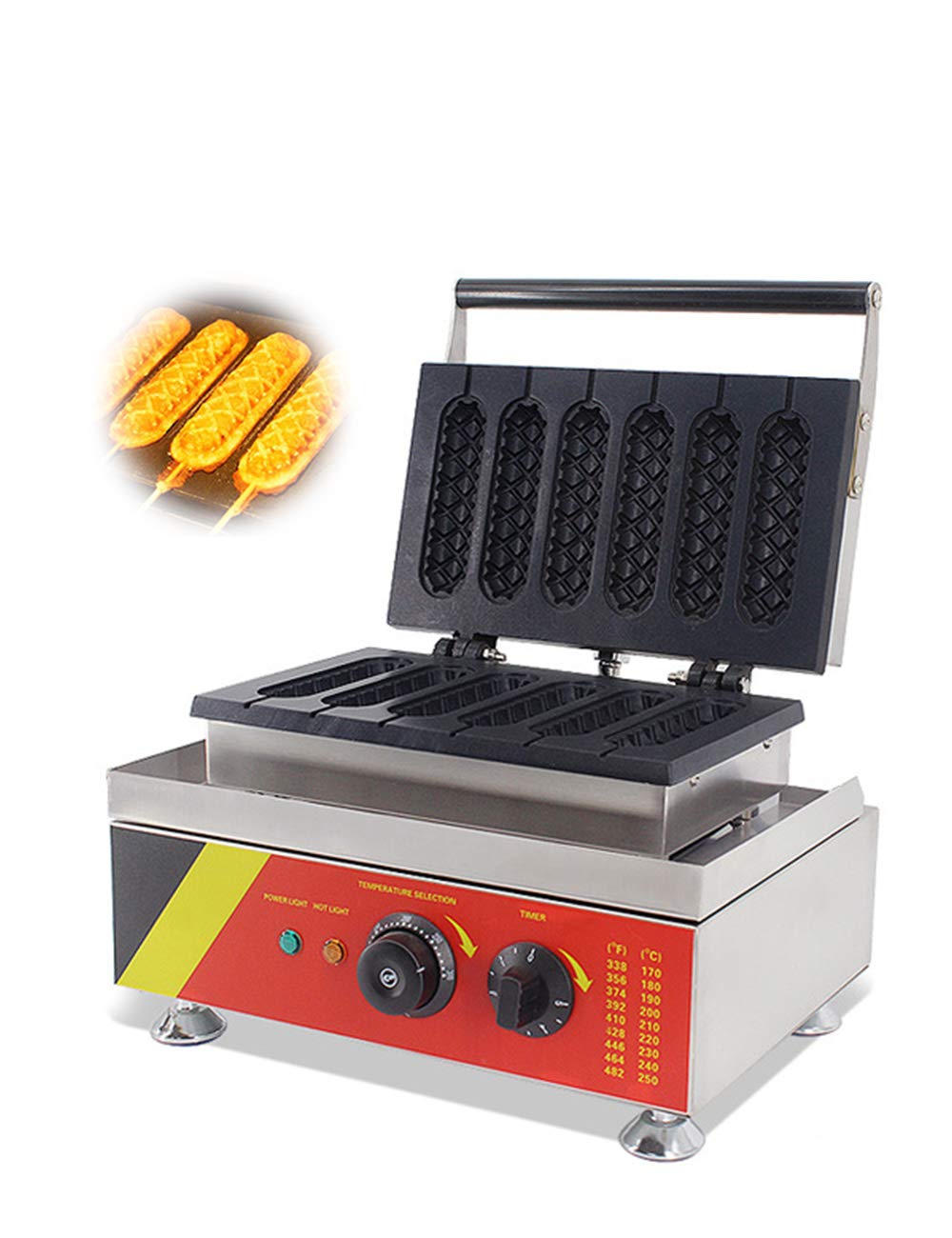 CGOLDENWALL NP-527 Gofrera Máquina de Gofres de Perrito Caliente con Lollipop 6pcs Commercial Waffle Maker Eléctrica Antiadherente con Termostato Digital丨Temporizador de 0-5 Minutos Certificado CE