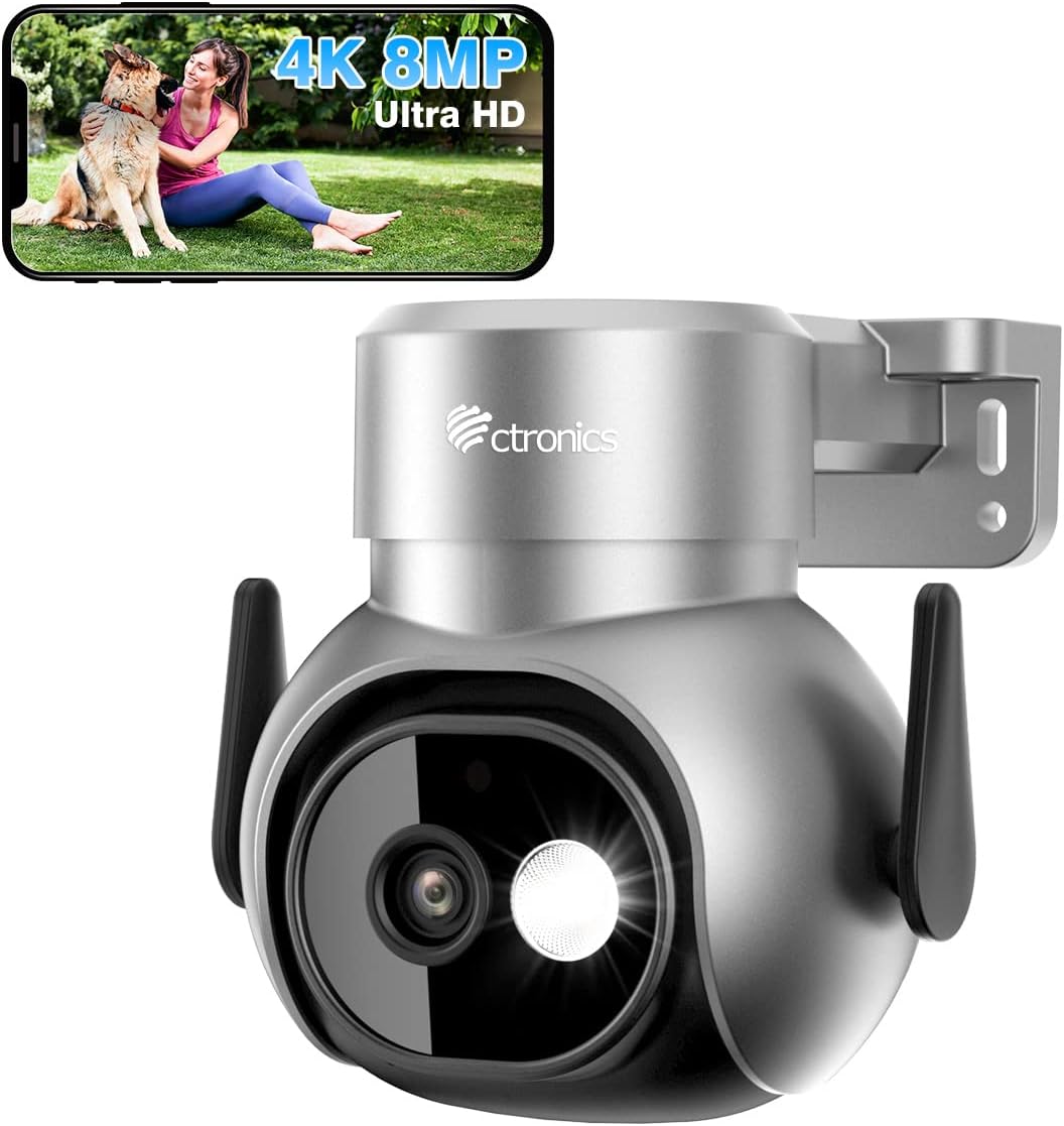 Ctronics 4K 8MP WiFi PTZ Outdoor Security Camera and smartphone showing live feed