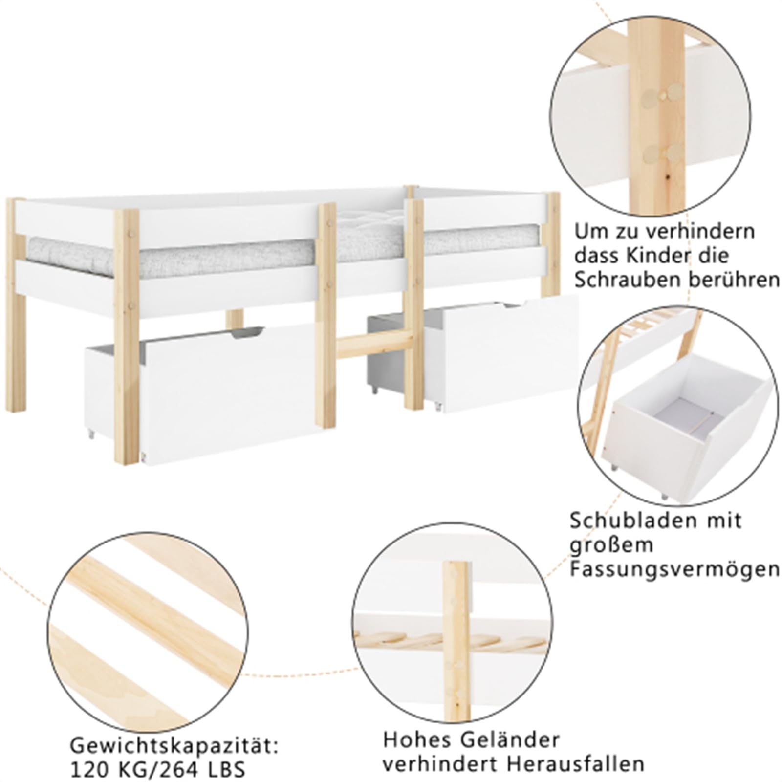 Cama alta para niños, habitaciones juveniles, madera de pino maciza, 90 x 190 cm, cama de almacenamiento multifuncional con cajones y protección contra caídas, colchón no incluido