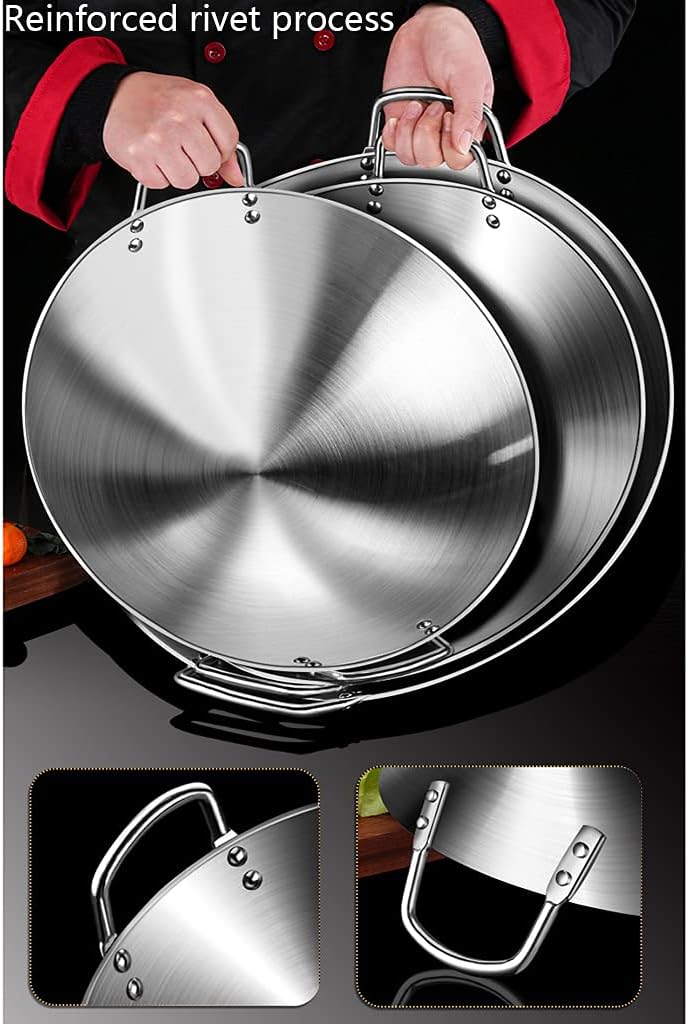 Thickened 201 Non-Magnetic Stainless Steel Wok Pan 34cm-70cm Round Bottom Uncoated Modern Simplicity Household Double Ear Wok Non-Stick Pan for Gas Cooktops
