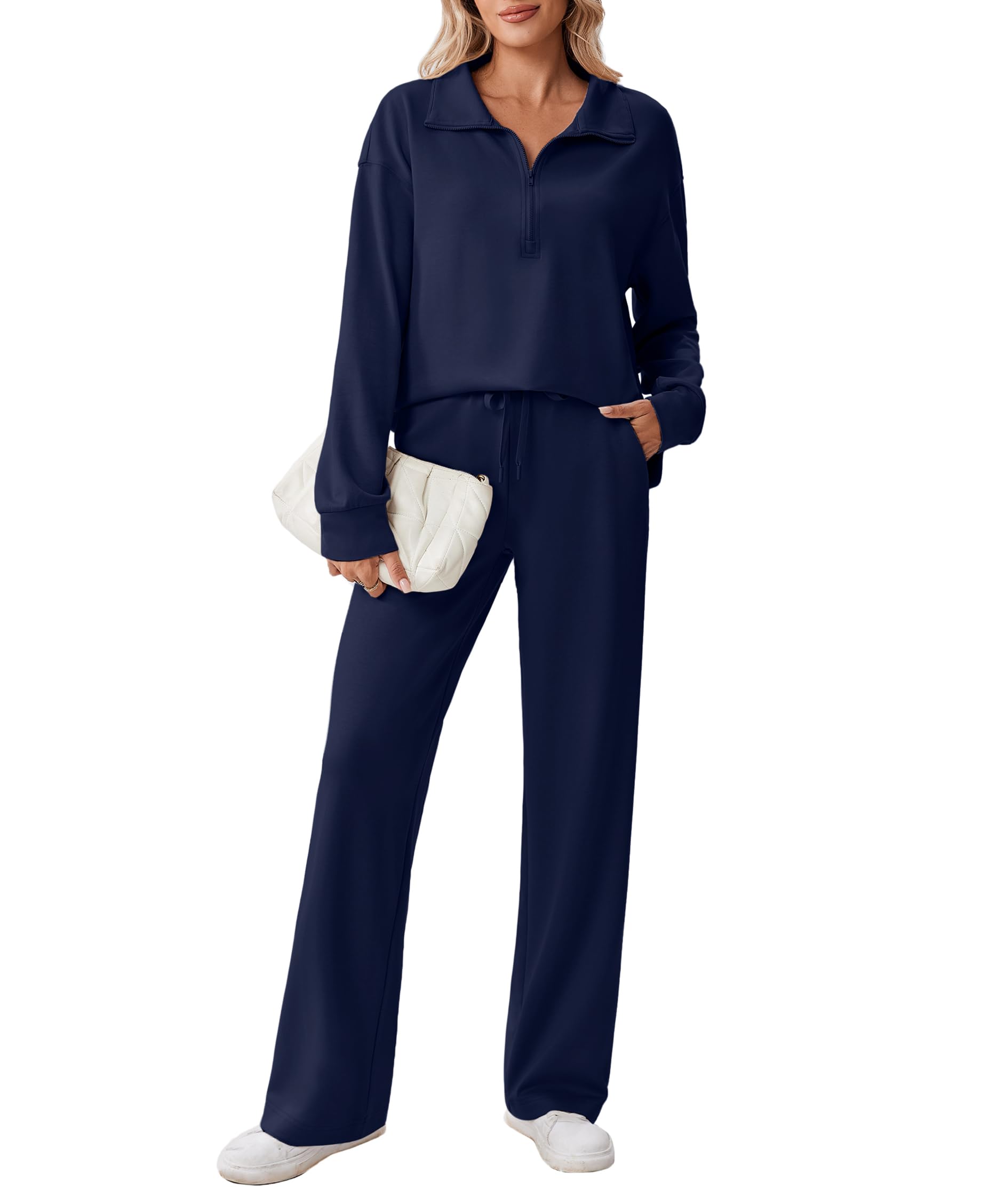 PINSPARK 2 Piece Sets for Women 1/2 Zip Sweatsuit 2026 Matching Outfit Fall | Lightweight Air Layer Fabric, Loose Fit Sweatshirt, Straight Leg Pants with Pockets, Soft Lounge Sets, Airport Outfits Wom