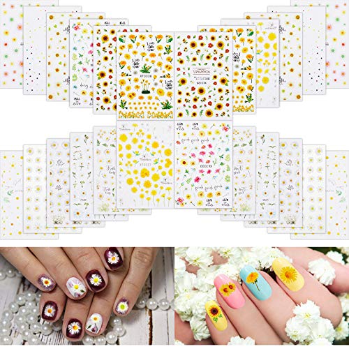 24 Sheets Flower Nail Art Stickers 3D Self-Adhesive Nail Decals Daisy Sunflower Floral Nail Art Stickers Mix Flowers Nail Decal Stickers for Women Girls Nail Decorations, 1500 Patterns