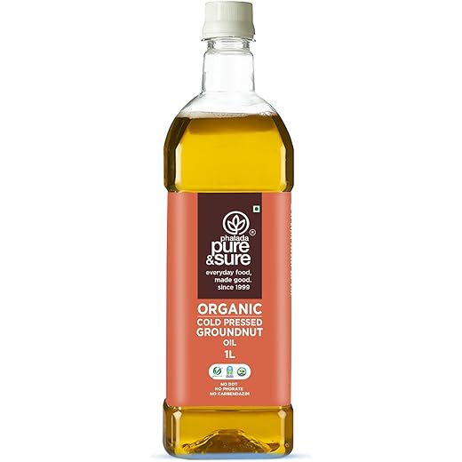 Pure & Sure Organic Cold Pressed Groundnut Oil 1 Ltr | 100% Natural Peanut Oil/Sing Tel Edible for Cooking | Extracted on Wooden Churner | Nutrient Rich & Chemical Free