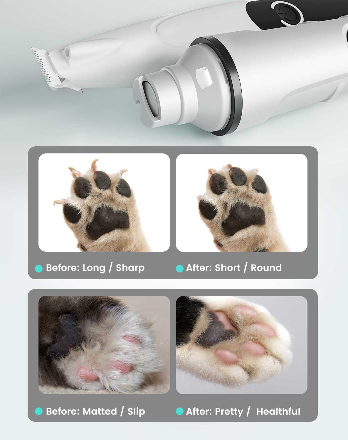 PAPMINI Molinillo de uñas 2 en 1 para perro, silencioso y recortador de patas de perro, potente cortaúñas eléctrico sin dolor para perros grandes, medianos y pequeños, cortadora de pelo de perro