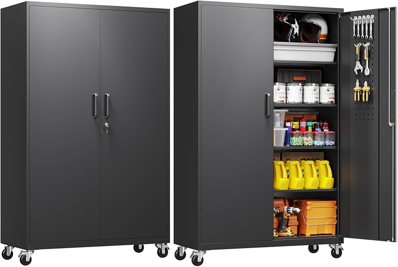 Gabinete de almacenamiento de garaje de metal con puertas con cerradura y estantes ajustables, gabinete de herramientas de acero rodante de 71" para oficina en casa, garaje, almacén