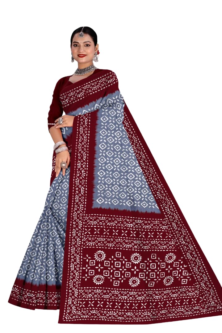 Elegant Maroon and Grey cotton saree with blouse piece. Mulmul Soft saree Batik Print Saree with Zari Border-image-23