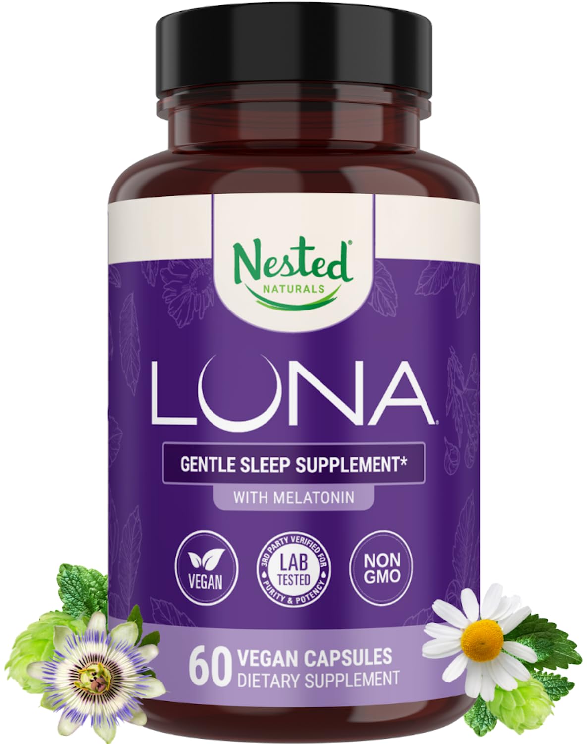 Nested Naturals Luna Sleep Aid - Non-Habit Forming Natural Sleeping Pills for Adults with Naturally Sourced Ingredients - Valerian Root, Melatonin, Chamomile, Lemon Balm, and More - 60 Vegan Capsules