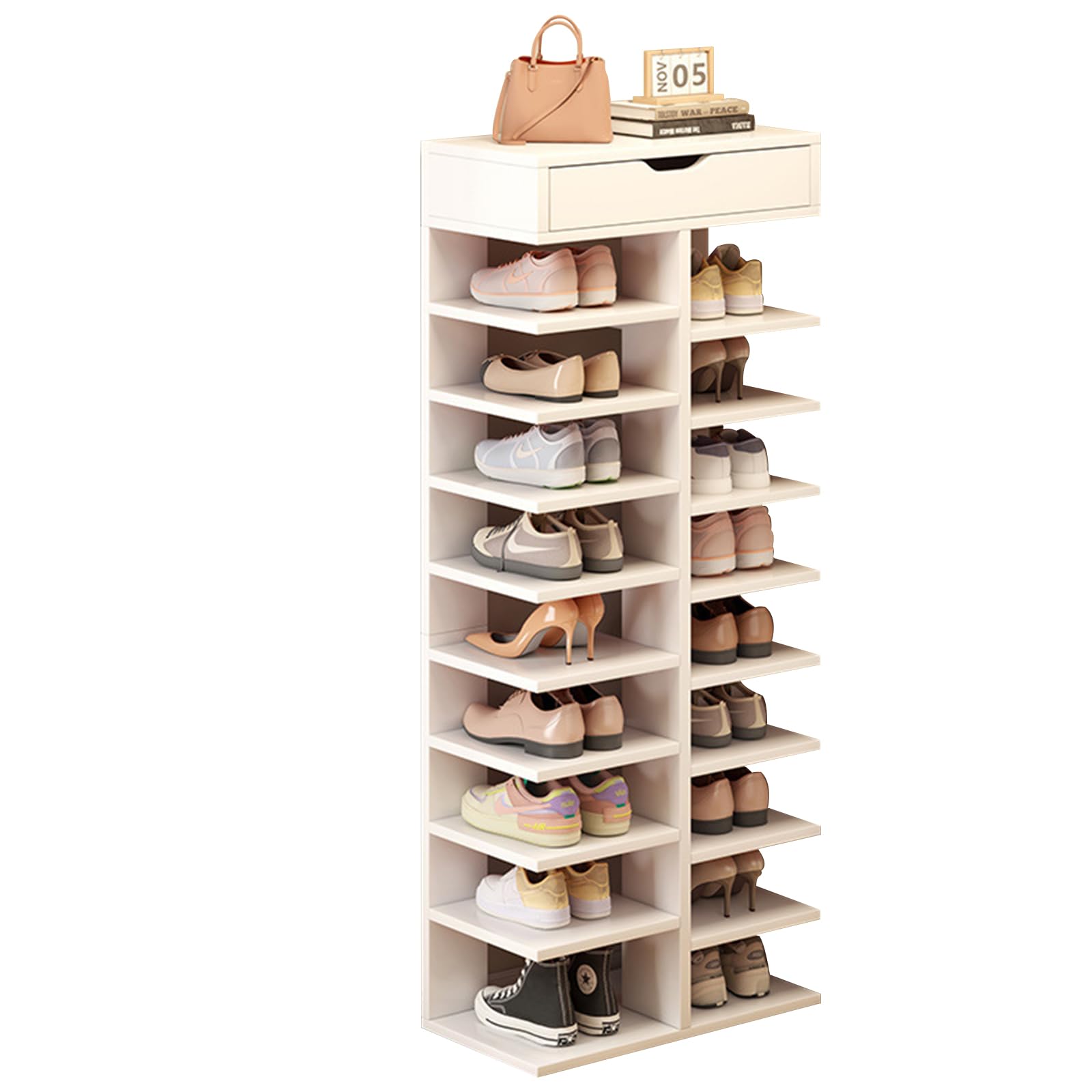 Étagère à chaussures verticale bois 10 niveaux meuble étroit entrée tiroir