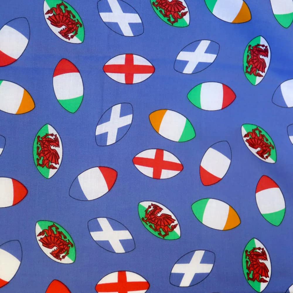 Oh Sew Crafty Limited Blue Polycotton Fabric Rugby Balls Six Nations Sold Per Metre (Blue)