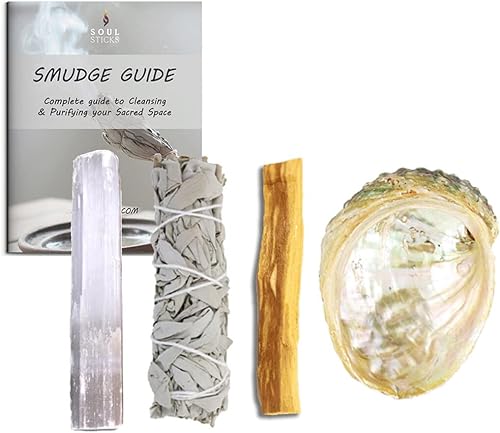 SOUL STICKS El mini kit de manchas para principiantes incluye varita de selenita de concha de abulón 3-4 de salvia blanca y palo santo con guía de