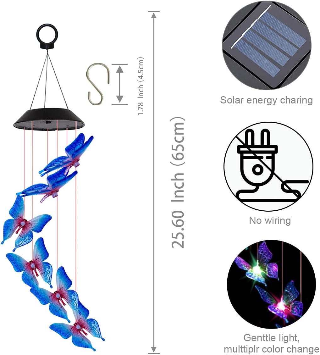Butterfly Solar Wind Chimes for Outside, Decoration Wind Chimes Changing Colors with Waterproof LED Solar Lights,Outdoor Decor for Garden, Birthday Gifts for Mom,Grandma Gifts(Blue-red)