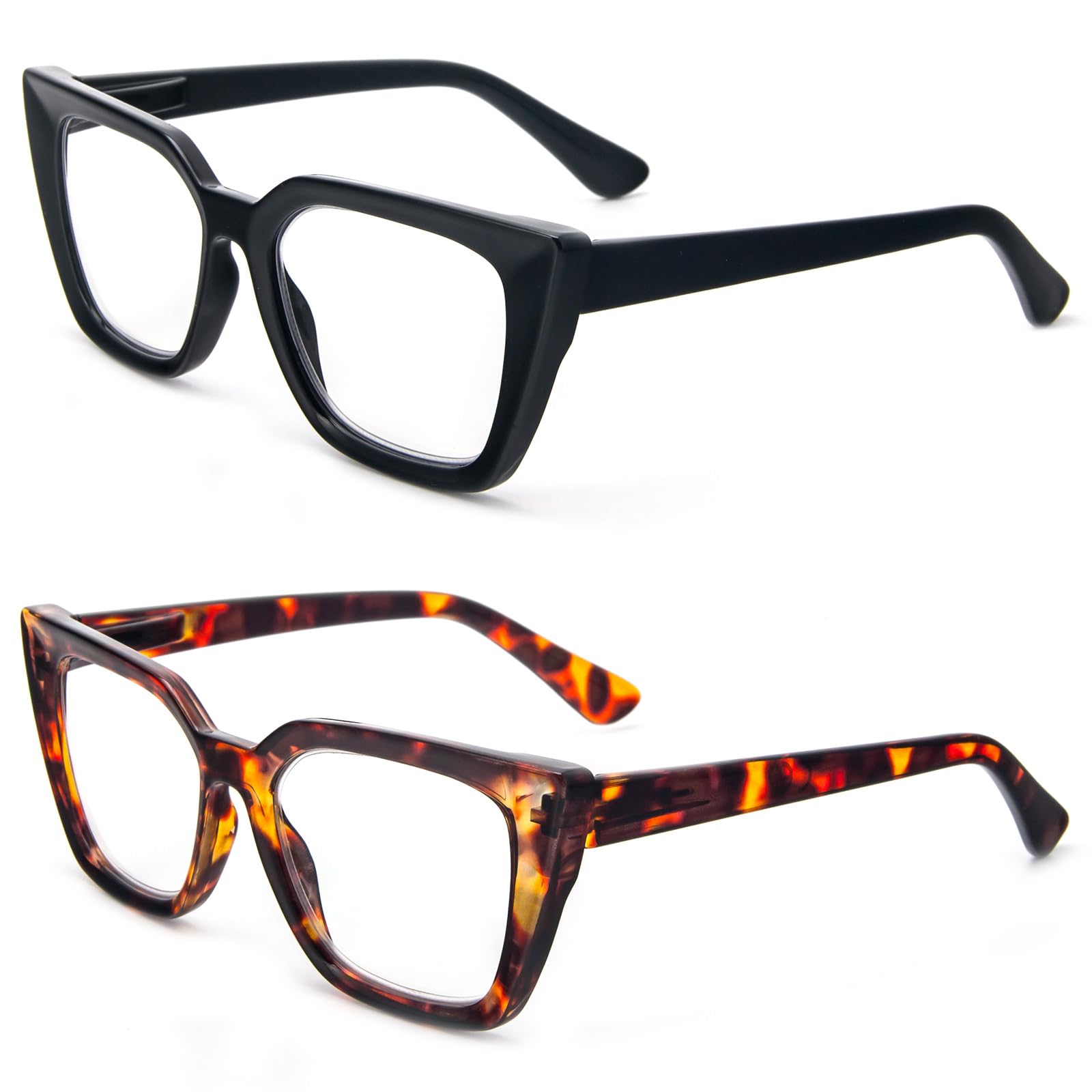 Kodilin 2 Pack Occhiali da lettura donna Oversized Square Anti Luce Blue Computer Lettori Uomo con cerniera a molla (+2.0, nero e leopardo)