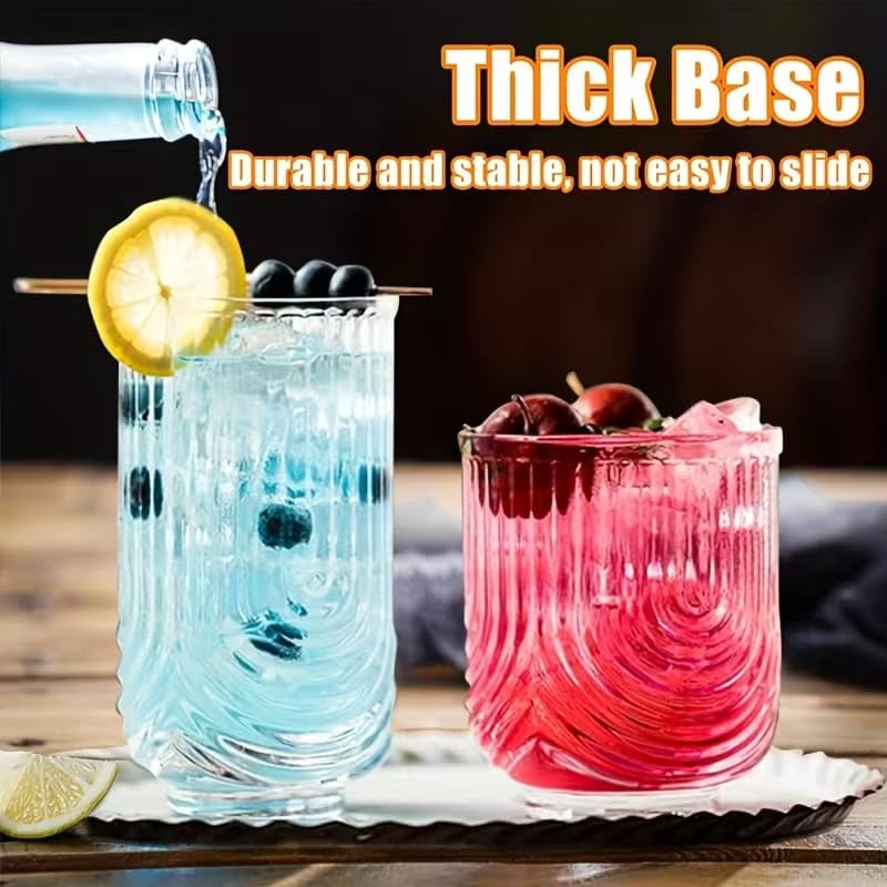 Image of PrimeWorld Vintage Ripple Highball Glass Set of 6 - 370 ml | Fashioned Transparent Cocktail Glassware | Classic Tall Glasses for Water, Juice, Iced Coffee & Bar Beverages