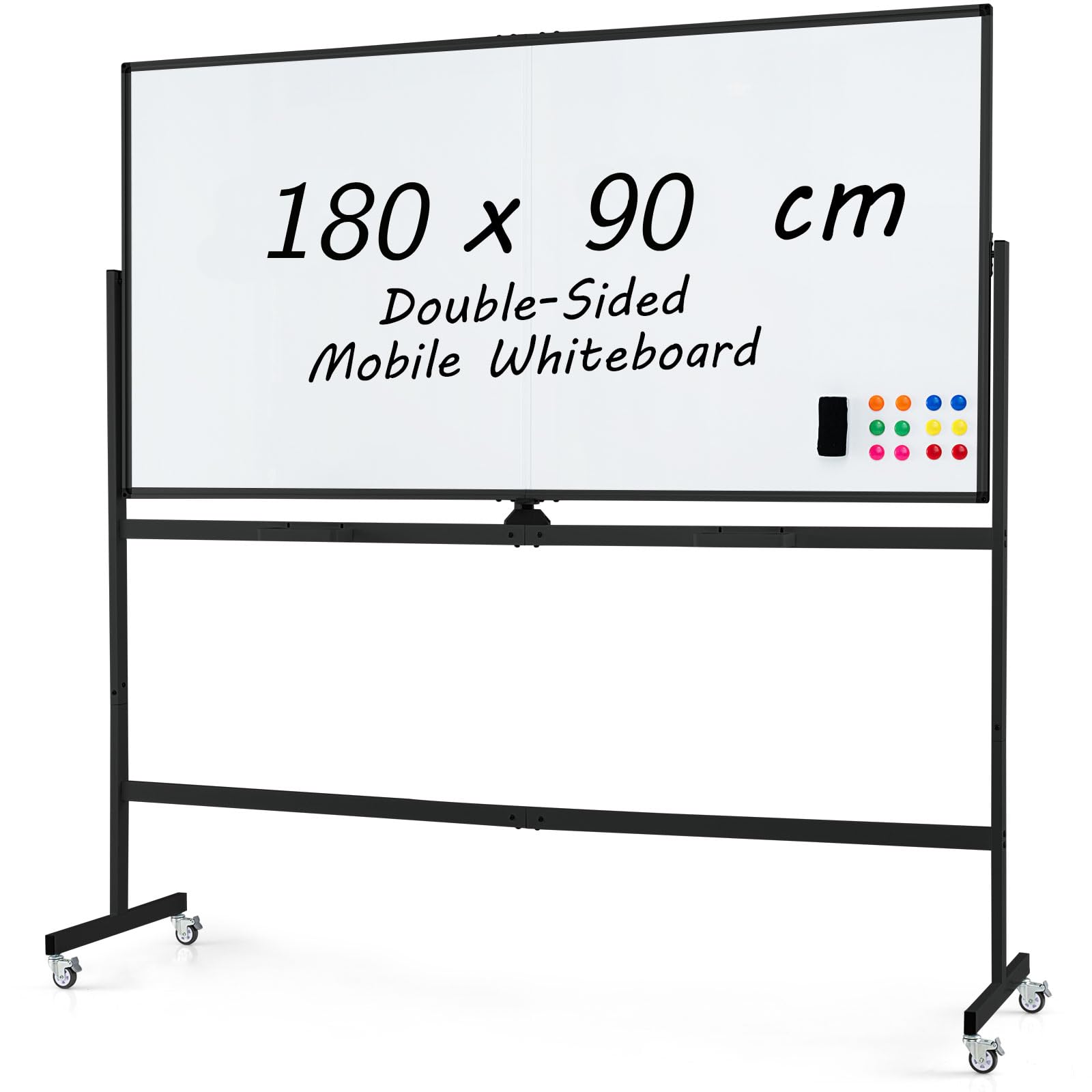 COSTWAY Double Sided Magnetic Whiteboard, Mobile Reversible Dry Erase Board with Black Markers, Eraser, Magnets & Marker Tray, Height Adjustable Standing White Board (Black, 180 x 90cm) — image 1
