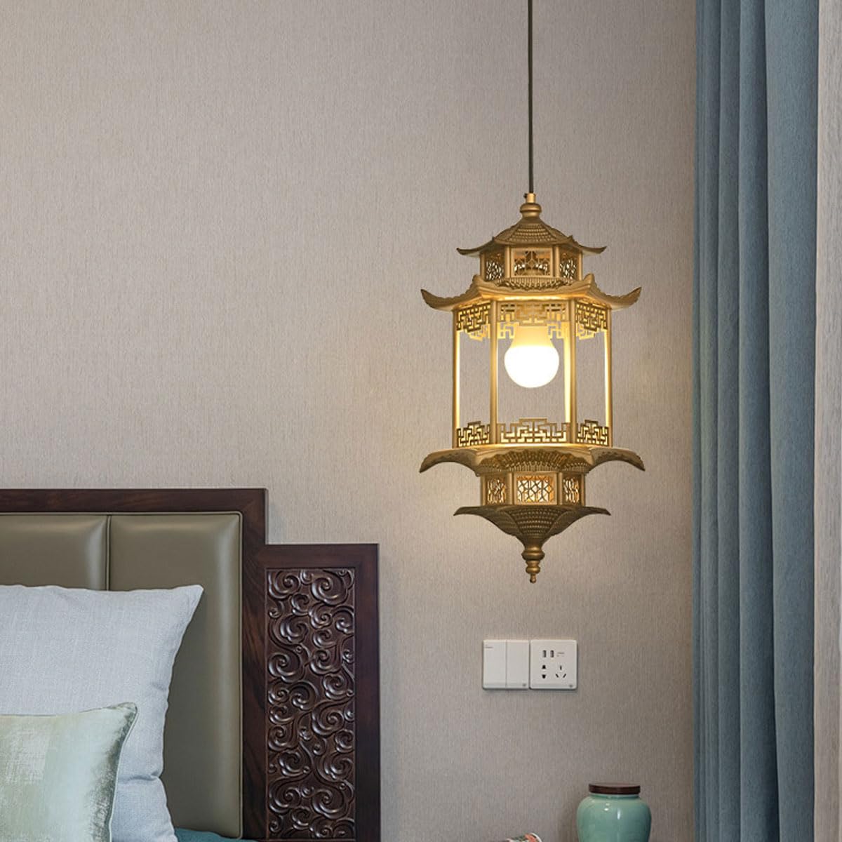 Nowy chiński styl sześciokątny pawilon wiszący lampa wisząca z metalu, żyrandol w stylu chińskim Zen Palace nadaje się do ganku lub herbaciarni