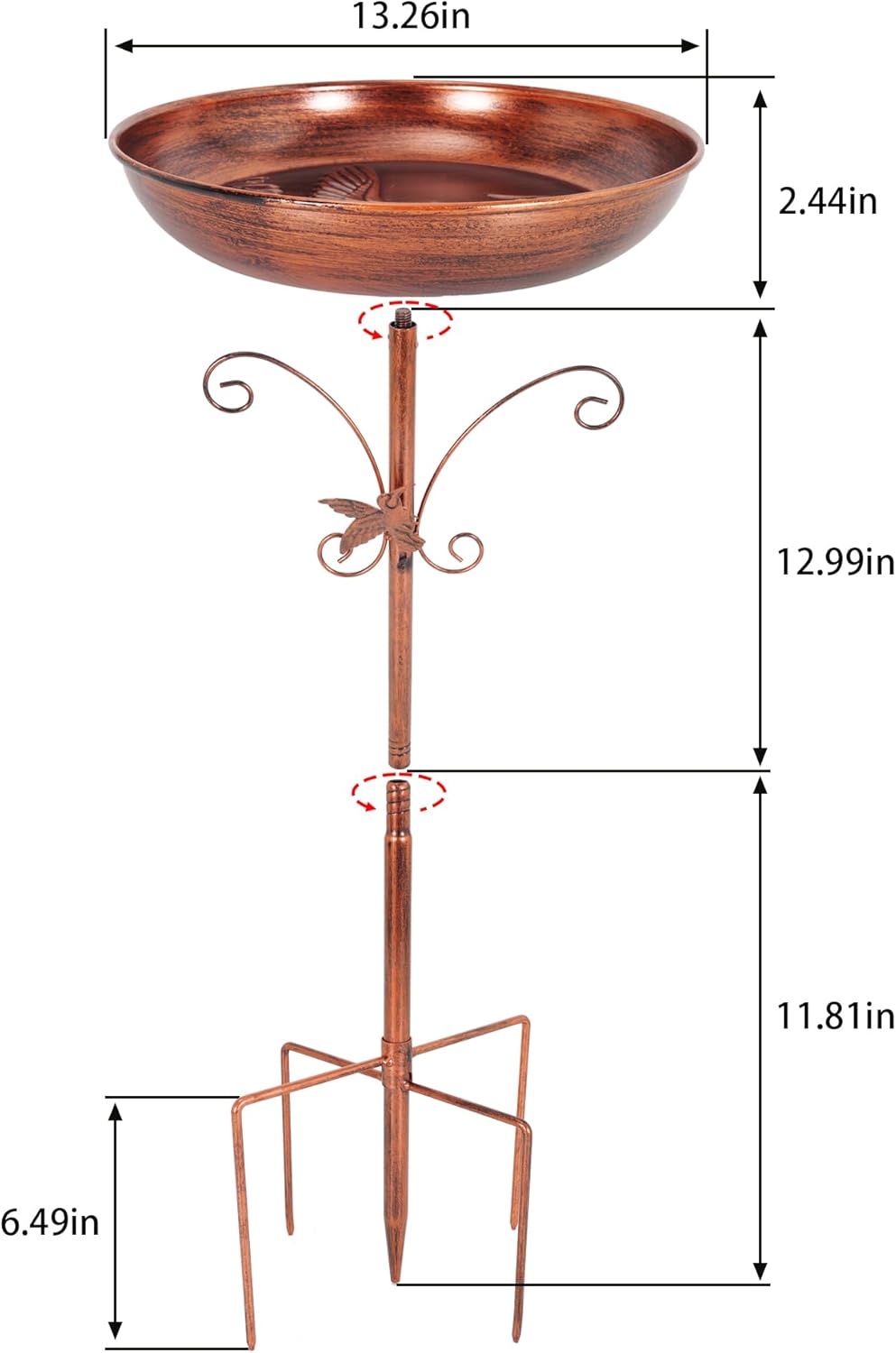 Metal Bird Bath with Solar Fountain for Outdoors, 13" Detachable Bowl & Stable 5-Prong Base Stake, Antique Bronze Birdbath for Garden Yard Patio Decor
