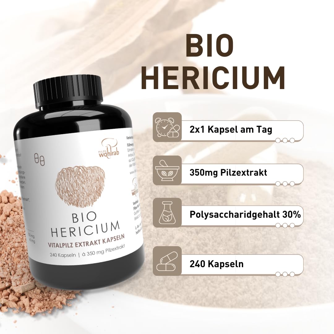 BIO Hericium erinaceus Extrakt - 1 Dose à 240 Kapseln - 350 mg Lions Mane Extrakt je Kapsel - Vitamin C Acerola | Vitalpilze Nahrungsergänzungsmittel