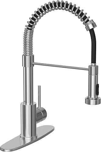 Grifos de cocina con rociador extraíble, grifo de fregadero de cocina comercial de resorte de níquel cepillado, latón macizo con mesa de montaje de