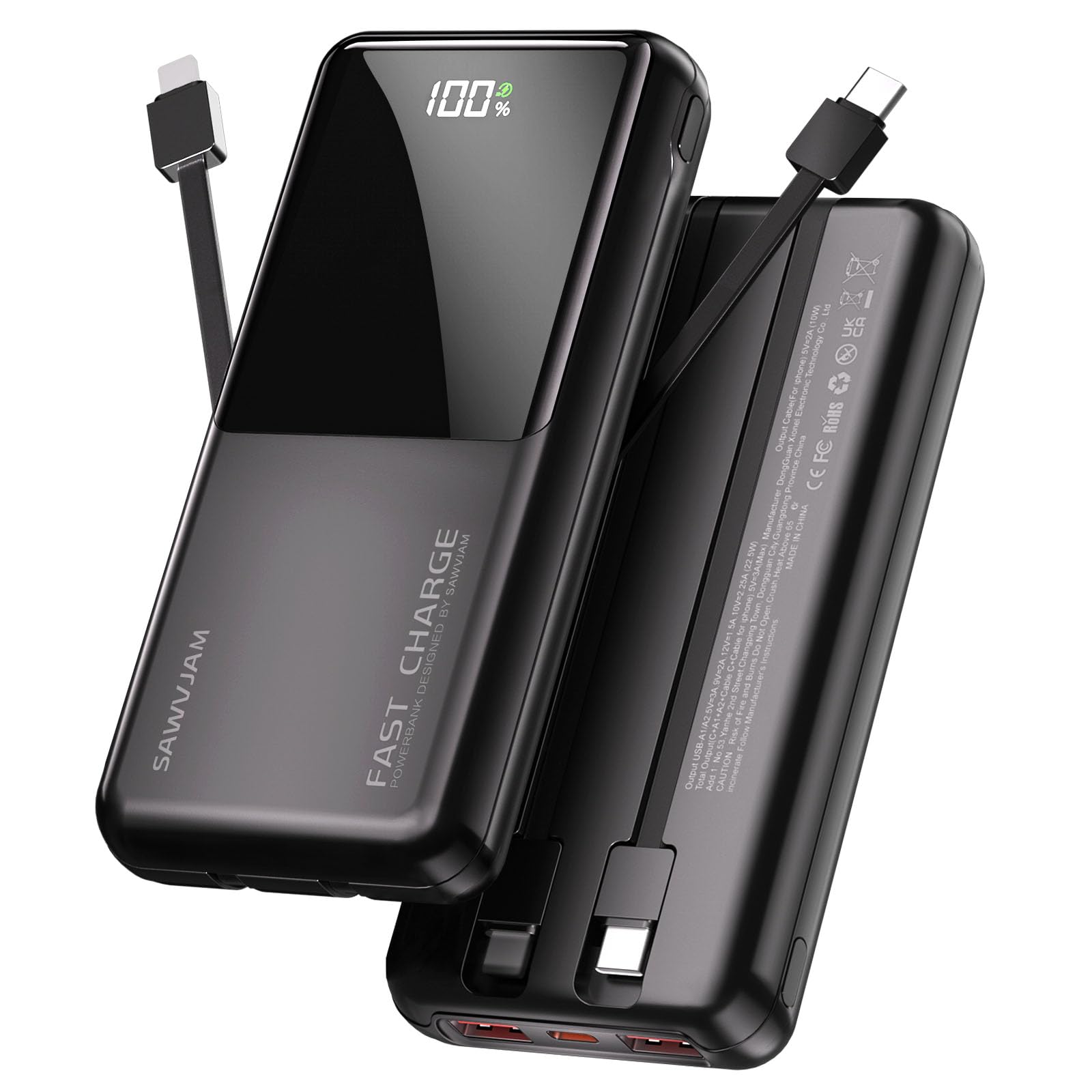 Power Bank Chargeur Portable 20 000 mAh 22 — 5 W avec câbles intégrés USB-C PD3