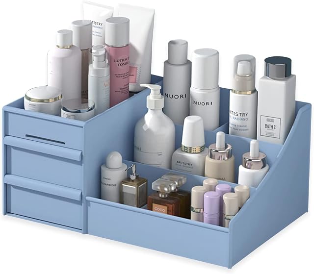 Makeup Desk Cosmetic Storage Box Organiser with Drawers for Dressing Table, Vanity Countertop, Bathroom Counter, Elegant Vanity Holder for Brushes, Eyeshadow, Lotions, Lipstick and Nail Polish - Blue