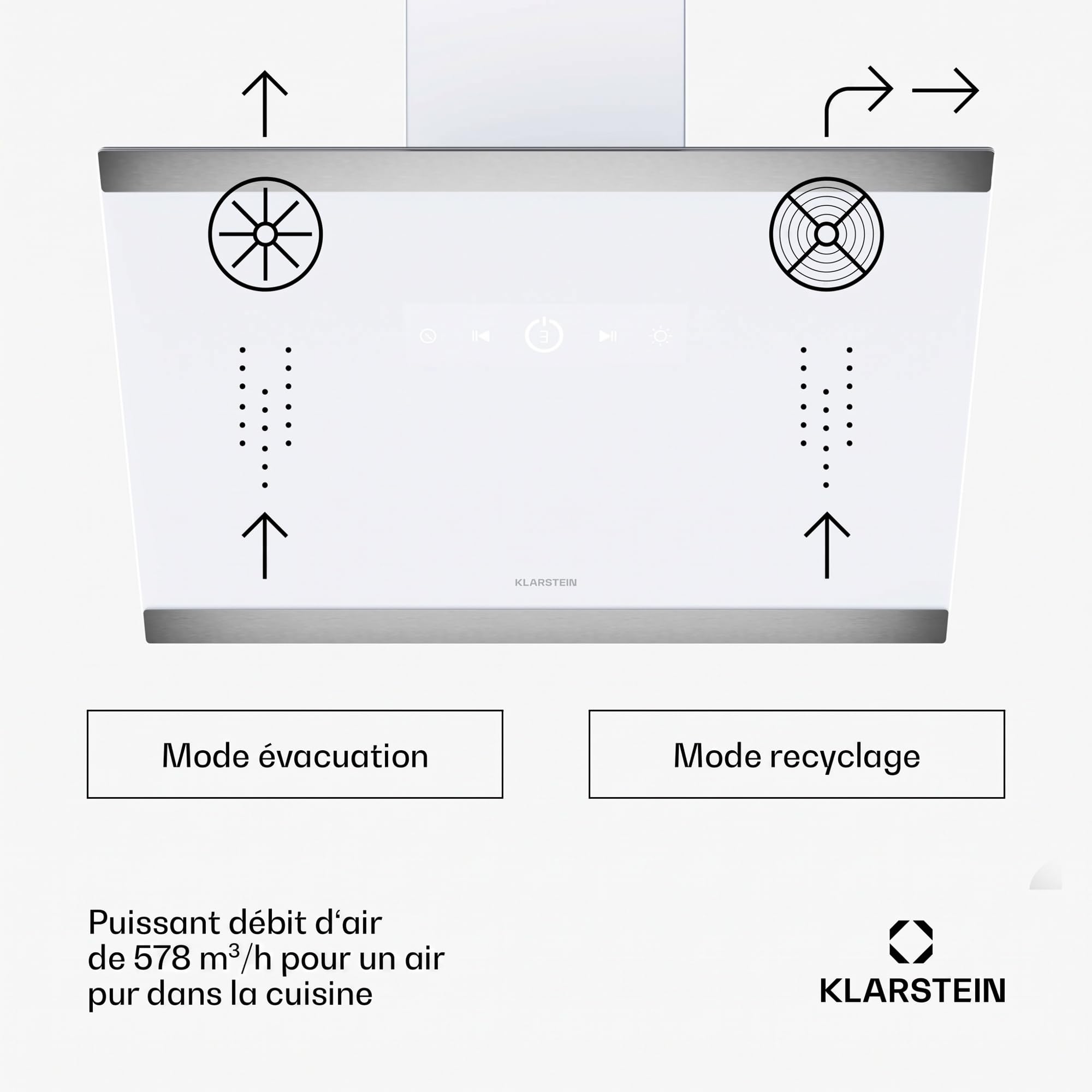 Klarstein FlashLine Campana extractora - 60cm campana cocina decorativa, pantalla táctil, 578 m³/h, a++ eficiencia energética, iluminación led, silenciosa 34,5 db, blanca, conductos & recirculación