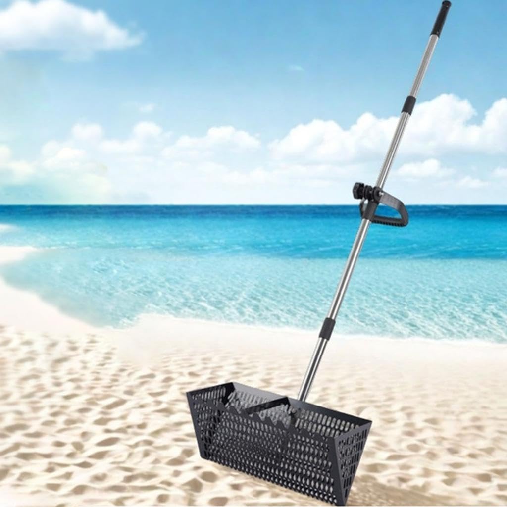 Rastrillo de Arena con Desmontable de Acero Al Carbono, Mango Largo, Dientes Afilados, Forma Ergonómica, Adecuado para Y La Jardinería, Negro