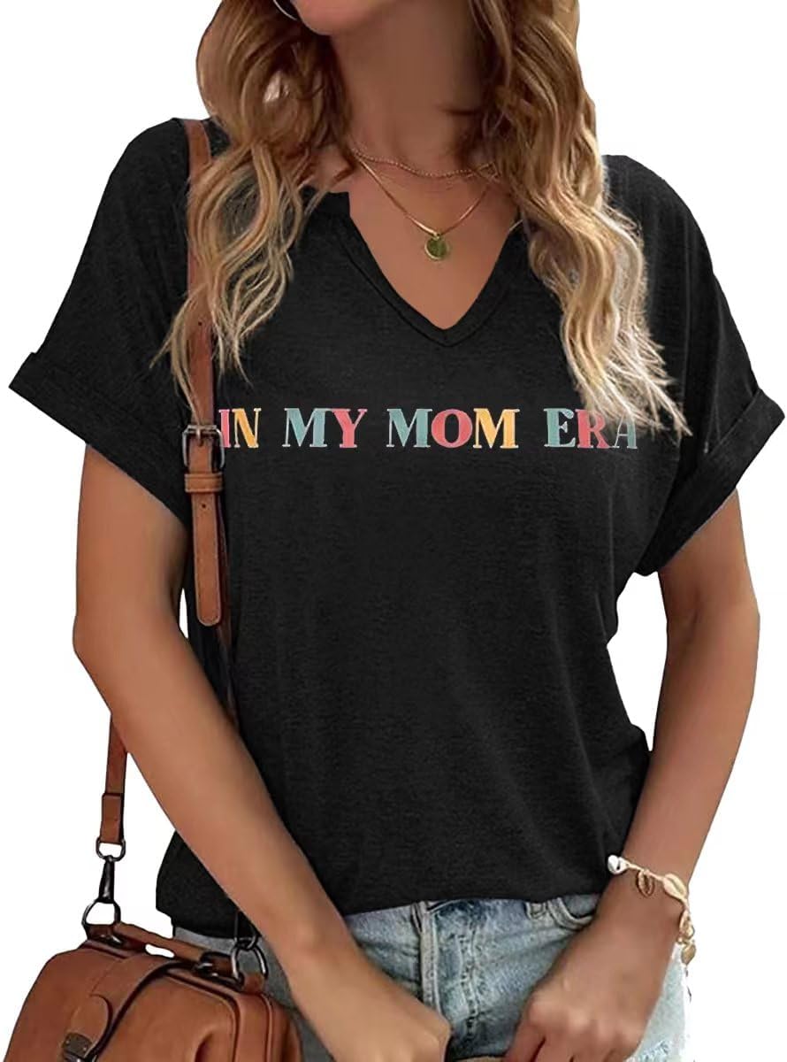 Mama V Neck Shirt Women Funny Mom Life T-Shirt Mother's Day Short Sleeve Graphic Tees Mama Gift Casual Tops Blouse